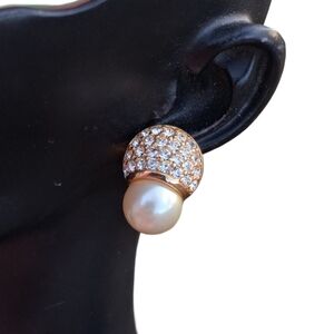 VTG Swarovski Pearl & Pave Crystal Clip-On Earrings Gold Tone Swan Logo